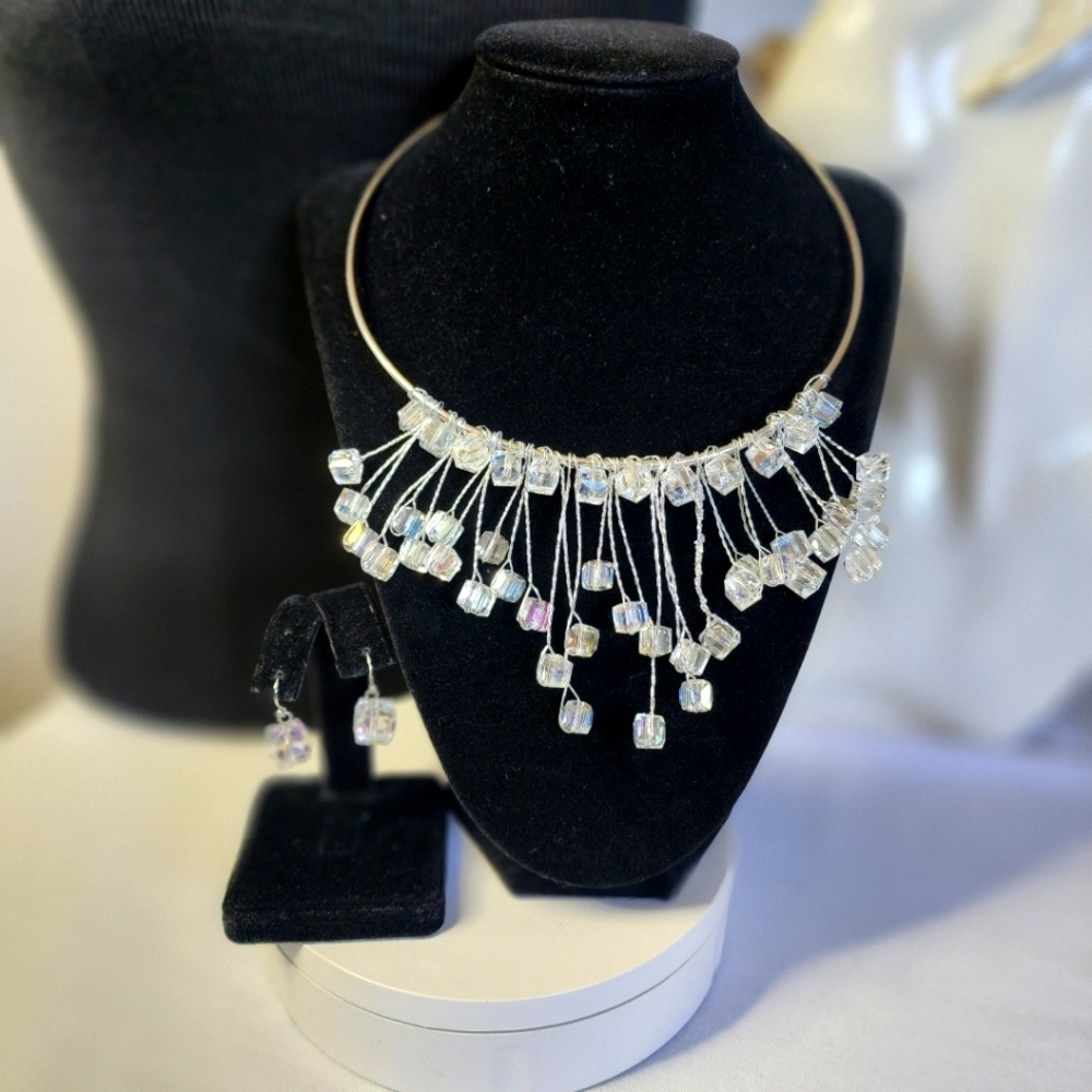 Silver Square Crystal and Wire Choker Necklace Earrings Set New